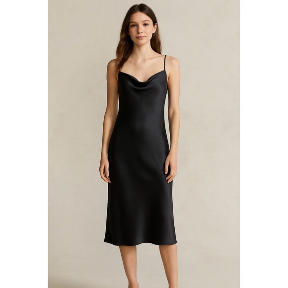 Bebe Midi Slip Dress Black Womens Size XS Solid Cowl Neck Spaghetti Straps - Picture 1 of 7